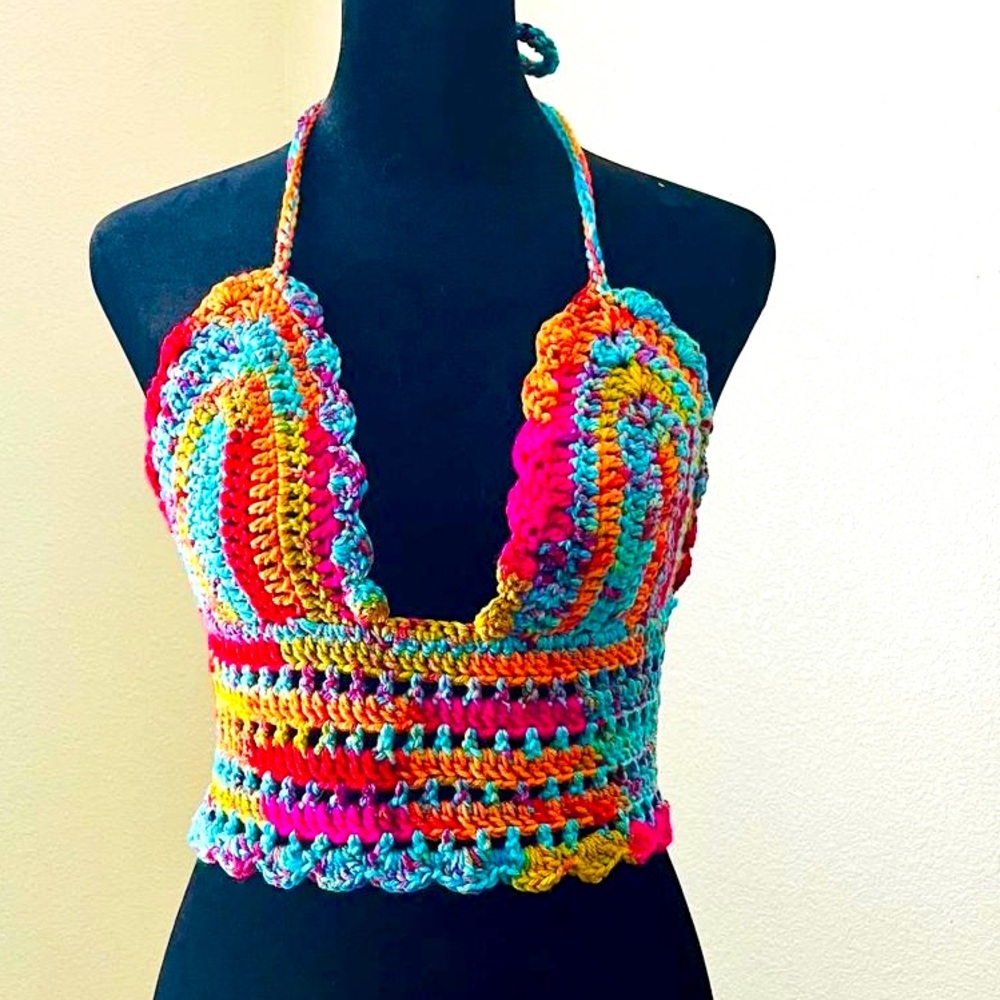 Aurora’s Handmade Knitting Original Design Top XL Multicolored Summer Beach Boho